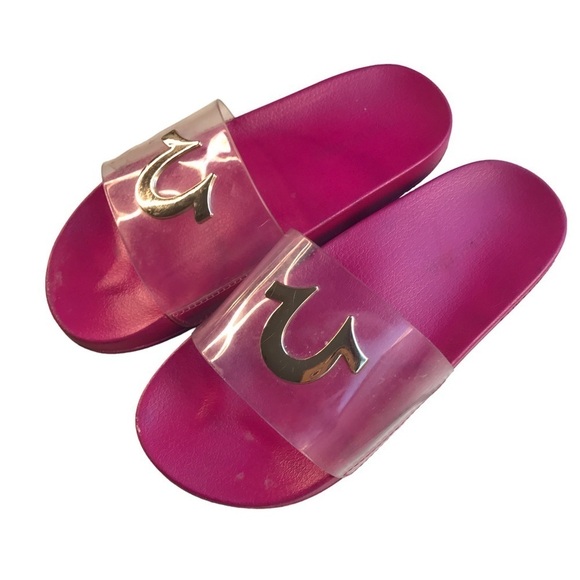 True religion fuschia pink and clear strap slides size 8 - Picture 1 of 11